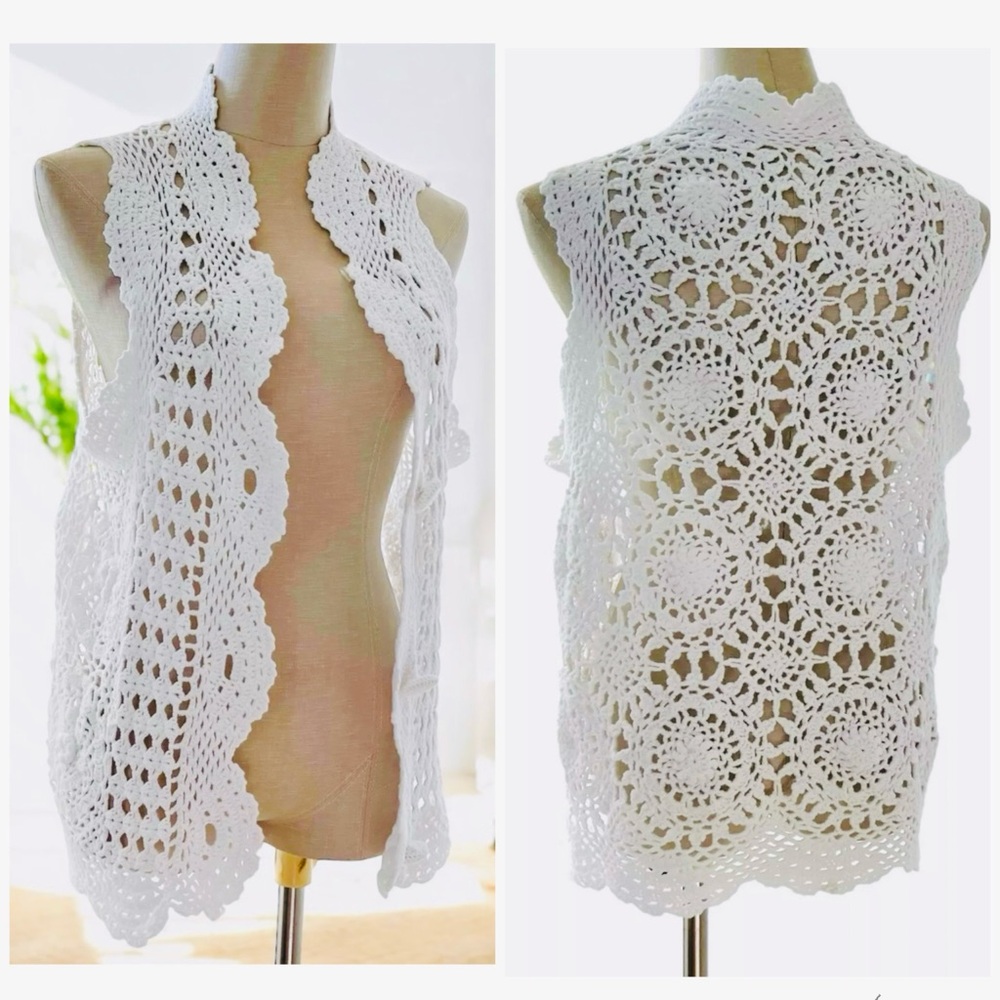 Crochet Open Knit Sweater Vest Top Boho Festival Grandma Cottagecore Beach Small